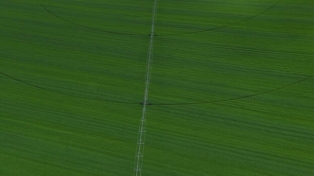 Aerial view of a center pivot irrigation system in Portugal.