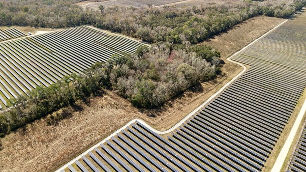 Aerial view of solar panels contrast with the muted tones of the bare trees and dry fields Elkton Florida United States. Aerial view of solar panels contrast with the muted tones of the bare trees and dry fields Elkton Florida United States.