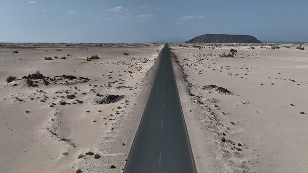 Aerial view of a straight road through the Danakil Desert Ethiopia.