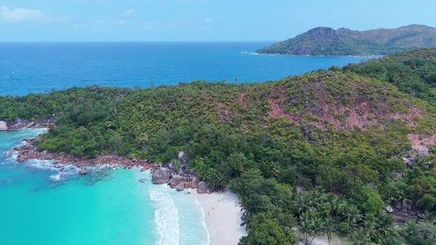 Aerial view of Anse Lazio beach in Baie Sainte Anne Seychelles.