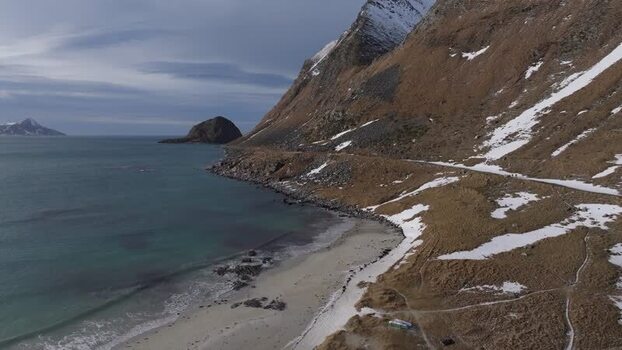 Aerial view of Lofoten mountains and coastline Norway.