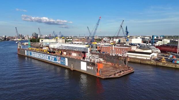 Aerial view of Dock 11 floating dry dock in Port of Hamburg Germany.