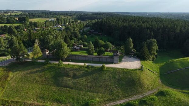 Aerial view of Voruta castle in Anyksciai Lithuania.