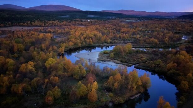 Aerial view of Ljusnan river in autumn Sweden.