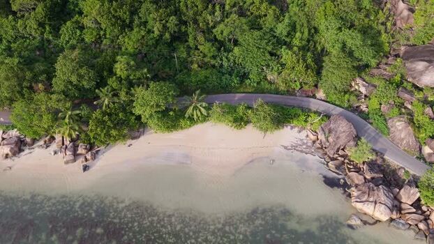 Aerial view of coastal road on Praslin island Seychelles.