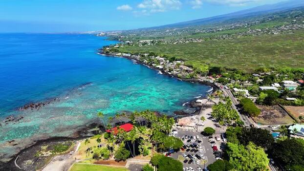 Aerial view of Kahalu u Beach Park and the coral reef United States.