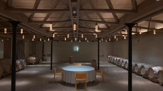 View of a large event space with wine barrels France.