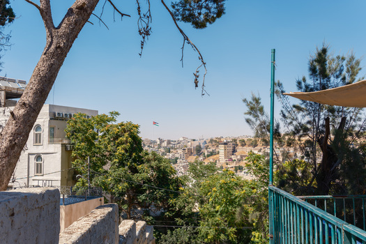 View of the cityscape with lush trees a stone wall in the foreground and the Jordanian flag flying in the distance in Amman Amman Governorate Jordan.