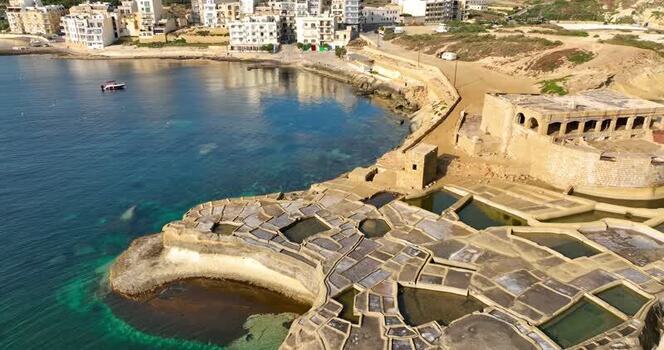 Aerial view of Qolla I Bajda Salt Pans Malta.