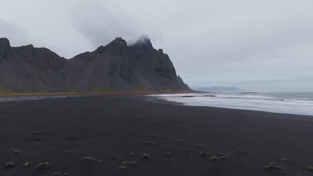 Aerial view of Stokksnes beach and mountains Iceland.