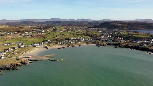 Aerial view of Portnablagh beach and village Ireland.