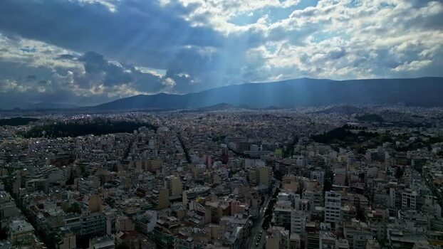 Aerial view of the dense urban cityscape of Athens Greece.