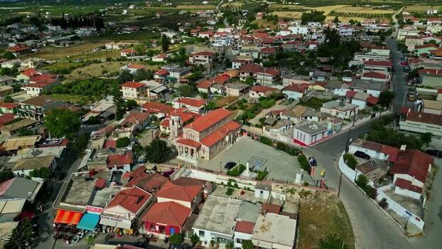 Aerial view of a Greek village with a central church Greece.