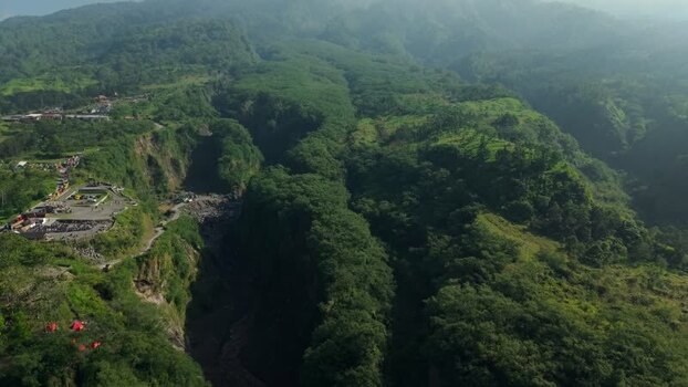 Aerial view of Tambang Pasir Merapi Kali Gendol Sand Mine Indonesia.