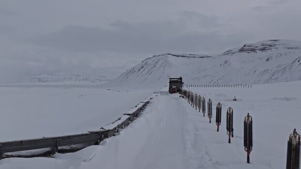 Aerial view of Pyramiden mining settlement Svalbard and Jan Mayen.