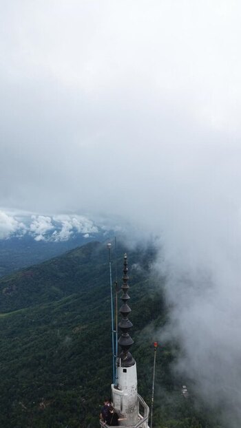 Aerial view of Ambuluwawa Tower in the clouds Sri Lanka.