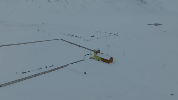 Aerial view of Pyramiden in the snow Svalbard and Jan Mayen.