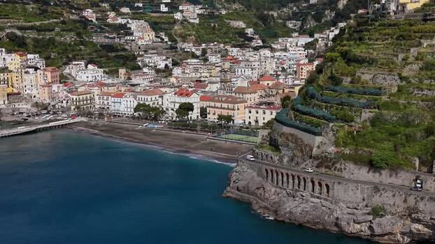 Aerial view of Minori buildings and beach Italy.