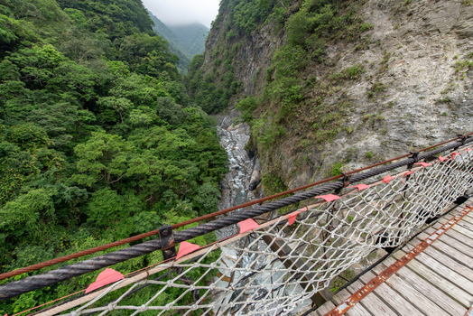 View of the suspension bridge overlooking the river gorge with lush green forest and steep rocky cliffs in Taroko National Park Xiulin Township Hualien County Taiwan.