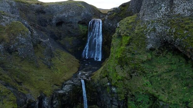 Aerial view of Bugsfoss waterfall in Olafsvik Iceland.