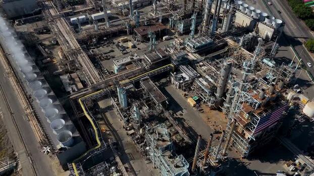 Aerial view of industrial oil refinery in Carson United States.
