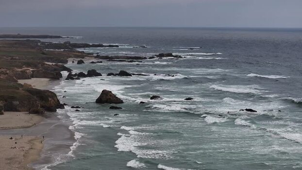 Aerial view of rugged coastline and rocky beach United States.