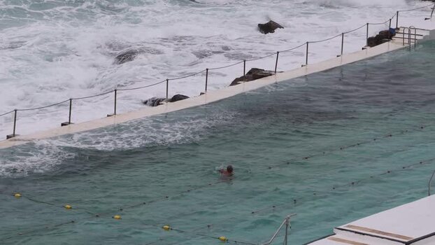 View of Bondi Icebergs pool with crashing waves in Sydney Australia.
