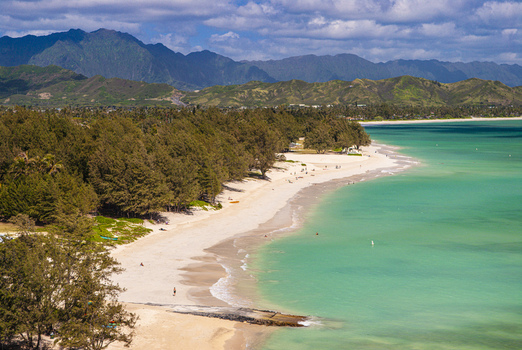 View of Kailua Beach with turquoise water white sand and lush coastal trees under a blue sky in Kailua Hawaii United States.