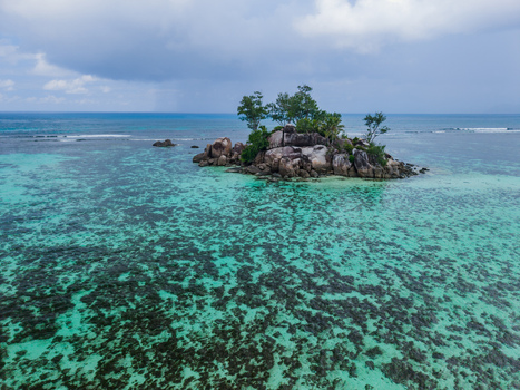 Aerial view of a small rocky island topped with green trees sitting amidst the turquoise waters Anse Royale Mahe Island Seychelles. Aerial view of a small rocky island topped with green trees sitting amidst the turquoise waters Anse Royale Mahe Island Seychelles.