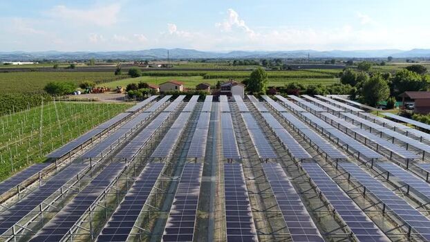 Aerial view of solar farm in Faenza Italy.