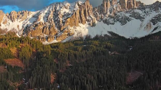 Aerial view of Dolomite Mountains in Canazei Italy.