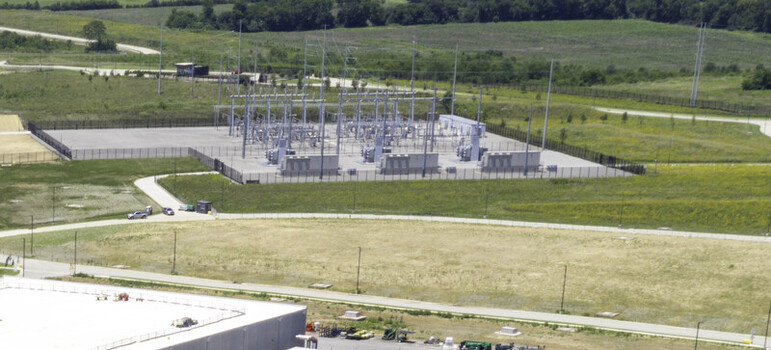 Aerial view of a data center electrical substation with transformers and power lines in Gallatin Tennessee United States. Aerial view of a data center electrical substation with transformers and power lines in Gallatin Tennessee United States.