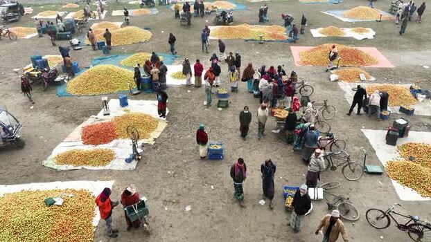Aerial view of a busy outdoor produce market in Bogura Bangladesh.