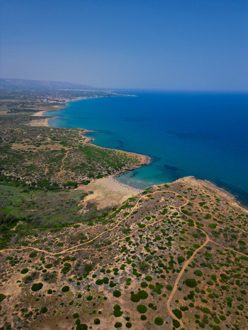Aerial view of Calamosche Beach with turquoise waters and rocky cliffs under a clear blue sky Noto Sicilia Italy.