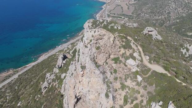 Aerial view of rocky coastal cliffs in Famagusta Northern Cyprus.