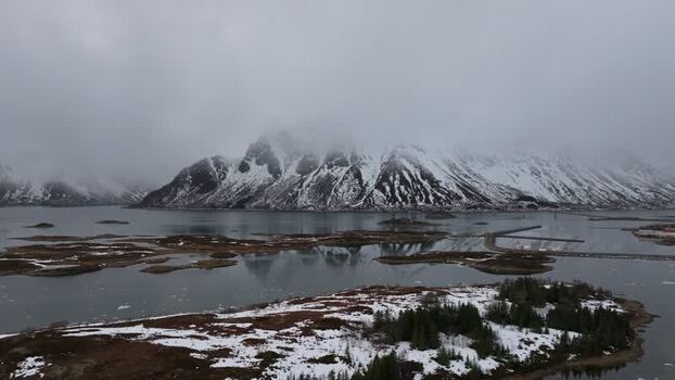 Aerial view of Lofoten mountains in winter Norway.