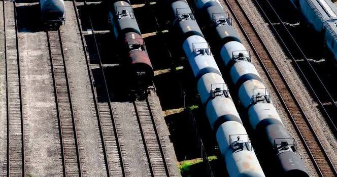 Aerial view of tanker cars in a rail yard United States. Aerial view of tanker cars in a rail yard United States.