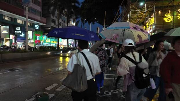 View of people walking on a rainy street in Hong Kong Hong Kong.