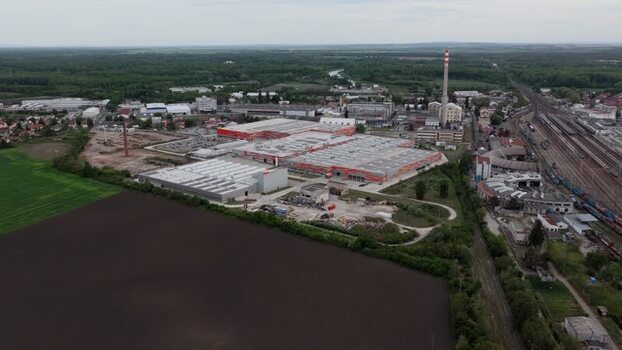Aerial view of an industrial complex and railway tracks Czechia. Aerial view of an industrial complex and railway tracks Czechia.
