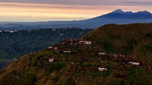 Aerial view of Mount Batur summit at sunrise Indonesia.