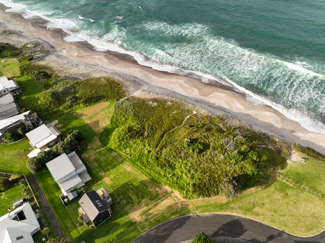 Aerial view of modern houses situated along the coastline with green lawns sand dunes and ocean waves in Whiritoa Waikato Region New Zealand.