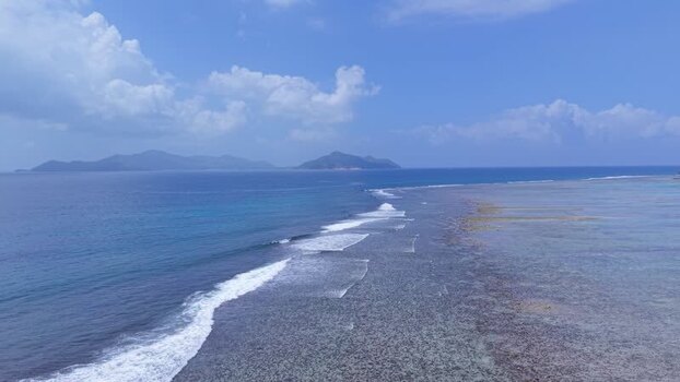 Aerial view of Anse Reunion coastline in Seychelles.