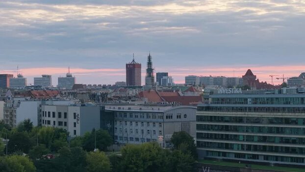 Aerial view of the Poznan skyline at sunset Poland.