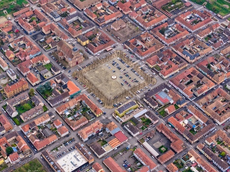 Aerial view of the octagonal grid layout of the UNESCO World Heritage Site of Neuf Brisach with its central square and surrounding red roofed buildings Neuf Brisach Grand Est France.