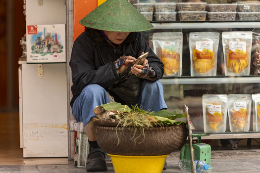 Hanoi Ha Noi Vietnam 11 November 2025 View of a woman in a conical hat using a smartphone while sitting on a stool beside a basket of herbs in front of a shop.