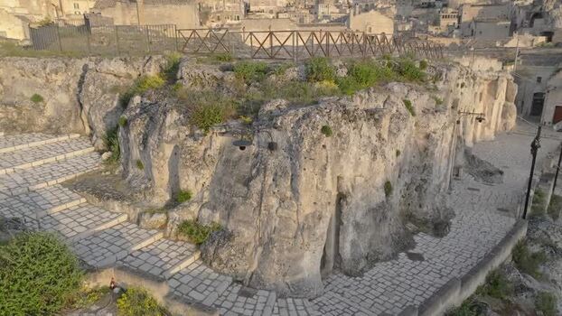 Aerial view of Matera historic stone dwellings Italy.