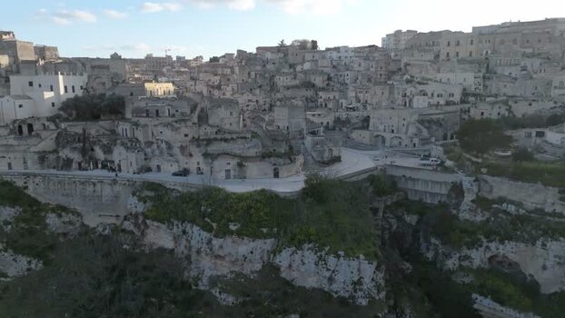 Aerial view of Sassi di Matera historic stone buildings Italy.