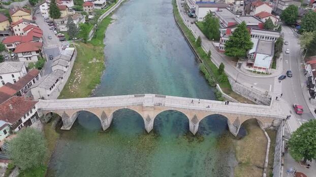 Aerial view of the historic stone bridge in Mostar Bosnia and Herzegovina. Aerial view of the historic stone bridge in Mostar Bosnia and Herzegovina.