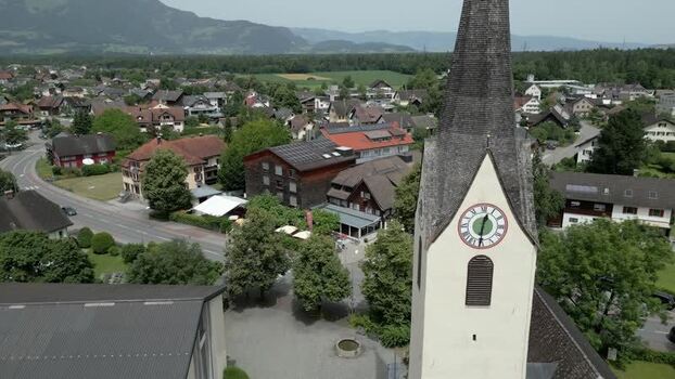Aerial view of church tower in Liechtenstein.