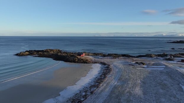 Aerial view of Lofoten coastal landscape Norway.